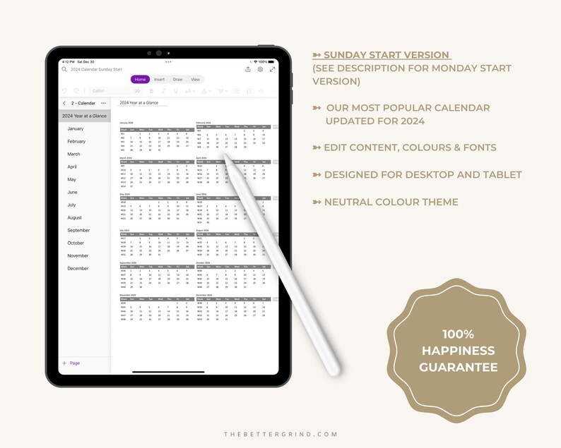 2024 Editable Sunday Start Onenote Calendar, Yearly and Monthly
