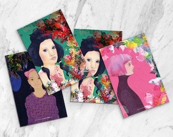 Conjunto de tres ilustraciones de retratos de niñas.