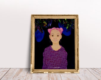 Ilustración de una niña con mangos azules.