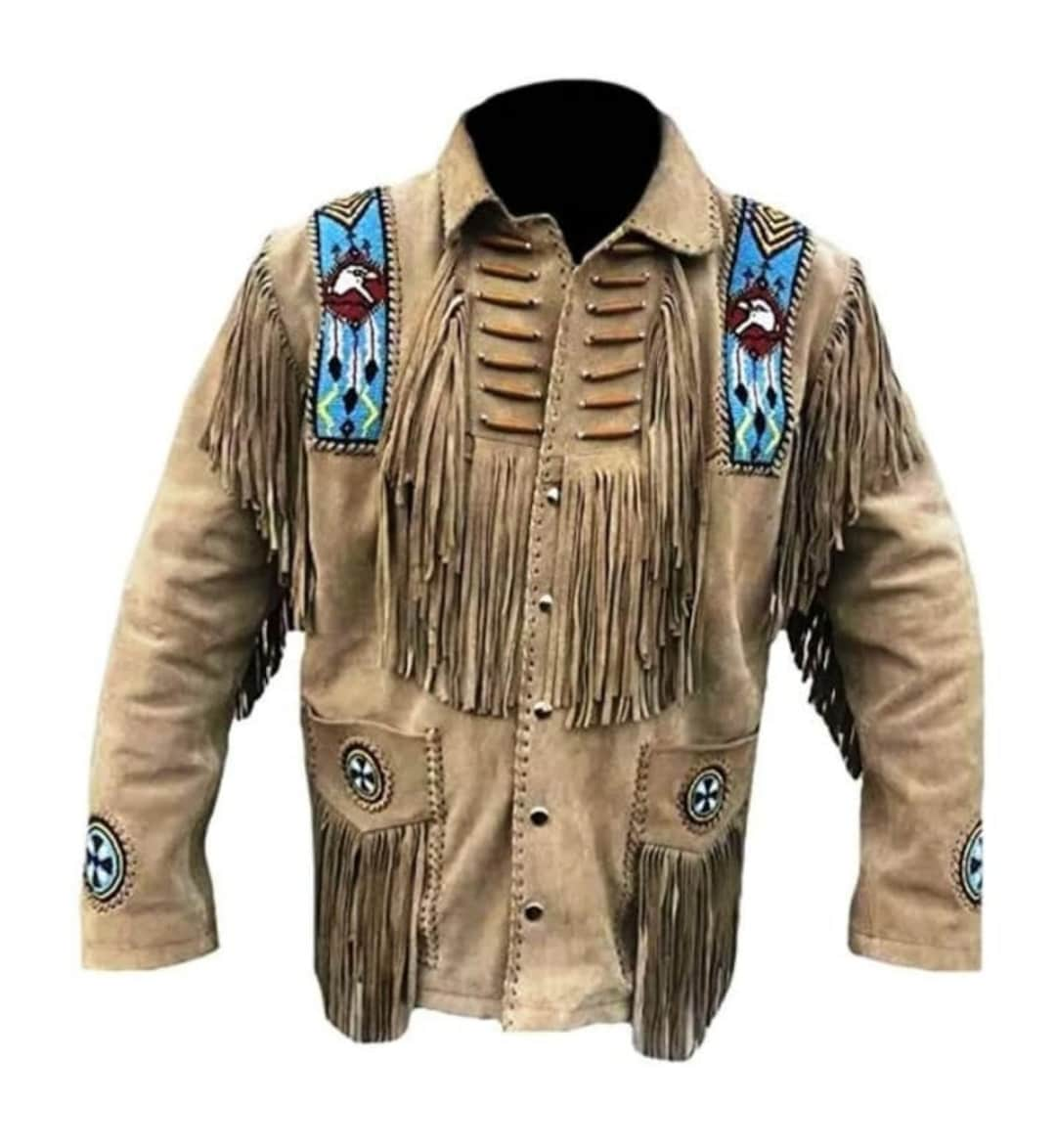 Men Cowboy Western Cowhide Suede Leather Jacket With Fringes Cowboy ...