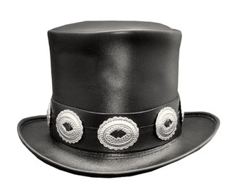 Sombrero de Copa de Cuero - Banda de Conchos Estilo Rockero - Color Negro - Hecho a Mano con Cuero 100% Vacuno - Regalo para Él - Nuevo con Etiquetas