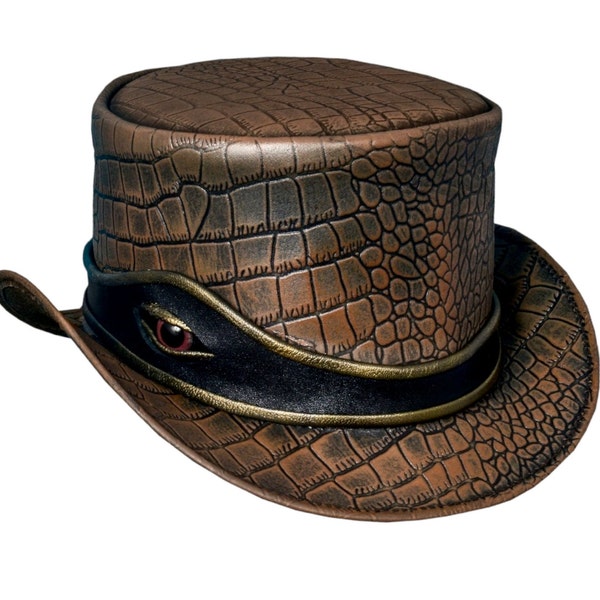 Leather Top Hat - Crocodile Eye Band - Distressed Wax Crocodile Plated - Handmade with 100% Cowhide Leather - Gift for Him - New with Tags