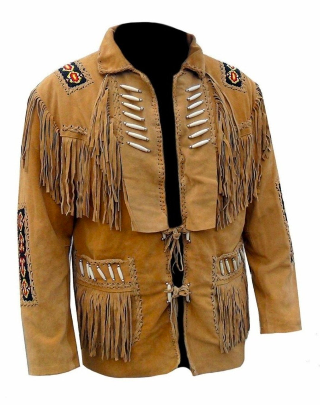 New Mens Native American Cowboy Buckskin Leather Jacket Coat With ...