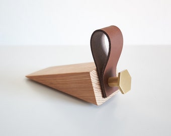 Oak doorstop with leather tab and brass knob // Modern door wedge