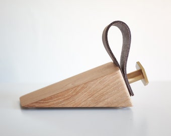 Slate oak doorstop with leather tab and brass knob // Modern door wedge