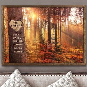 Signo de nombre personalizado / Signo de apellido / Pintura de árbol / Arte mural forestal / Arte imprimible / Decoración rústica / Pintura forestal / Decoración del hogar