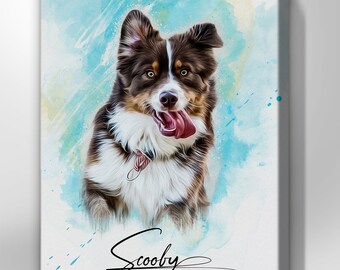 Personalized Dog Portrait Oil & Watercolor Painting  Photo to Canvas Printing, Custom Lovely Name, Wall Art Print for Home Decor