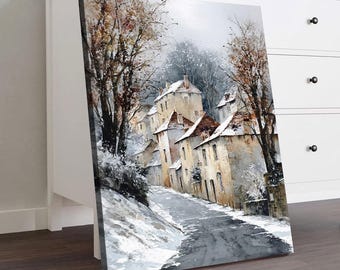 Winter Village Lane Landscape Canvas Wall Art Decor