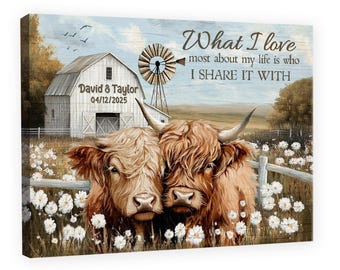 Farmhouse Highland Cow Wall Art Personalized Couple Anniversary Decor Gift Customized Canvas Print Anniversary Art