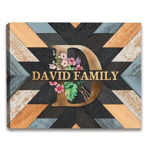 Nom de famille personnalisé Signez | Signe de nom de famille avec | initiale de monogramme Nom de famille sur Canvas | Toile géométrique imprimée | Panneau établi |