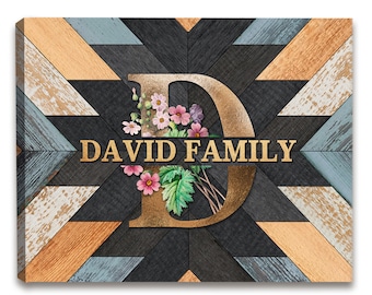 Personalized Family Name Sign | Last Name Sign With Monogram Initial | Last Name On Canvas | Geometric Printed  Canvas | Established Sign |