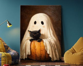 Cute Ghost and Black Kitten with Pumpkin Oil Paint Print