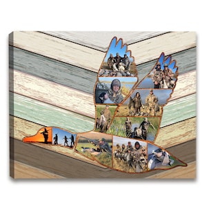 May include: A collage of photos of people hunting ducks, arranged in the shape of a flying duck. The background is a rustic wood pattern.