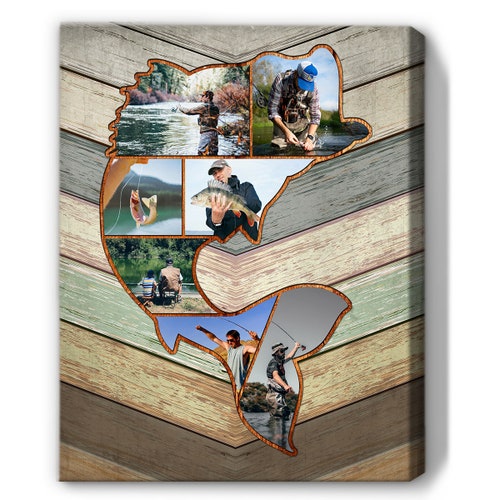 Souvenirs de pêche personnalisés, toile de collage de pêche personnalisée, cadeau pêche à l'achigan, cadeau pour papa, meilleur cadeau pour homme pêcheur, cadeau de Noël pour papa