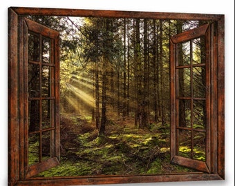Faux Window Canvas, Morning Forest View, Nature Wall Art
