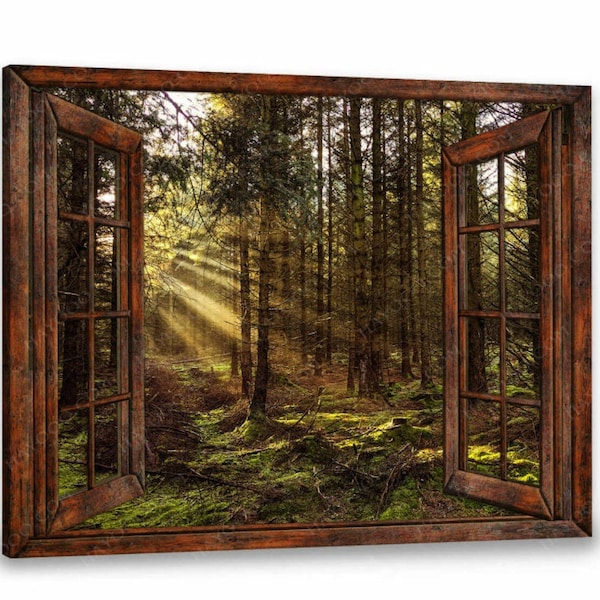 Canvas Painting Wall Art Home Decor Faux Window Canvas Beautiful Morning Forest, Nature Wall Art, Landscape Wall Art