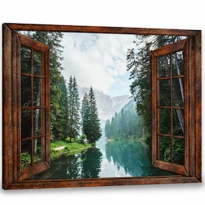 Quadro su tela, decorazione da parete per la casa, finta finestra, tela, bella foresta accanto al fiume, arte murale naturalistica, arte murale paesaggistica