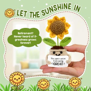 Mini tournesol au crochet avec carte, cadeau de retraite, plantes au crochet déjà faites pour une décoration de tournesol, cadeau d'appréciation positive