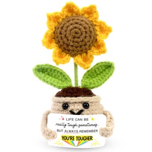 Detalhes inspiradores de girassol em crochê, presentes motivacionais, girassol de crochê positivo para decoração fofa, plantas de crochê, presente para amigos