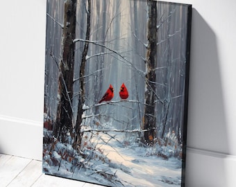 Winter Cardinals Forest Snow Landscape Canvas Wall Art