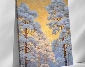 Golden Dawn Snowy Pine Forest Oil Painting Canvas Wall Art