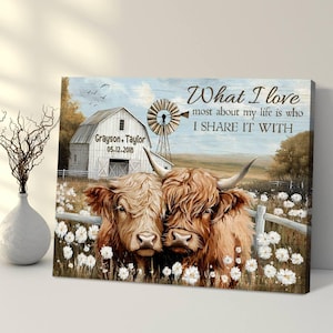 Bauernhaus Highland Kuh Wandkunst Personalisiertes Jubiläum Paar Dekor Geschenk Leinwanddruck