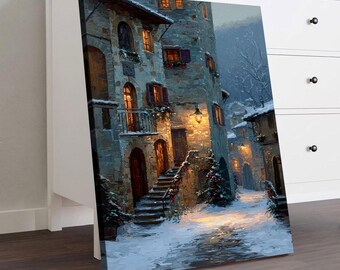 Winter Nightstone Village Landscape Canvas Wall Art Decor