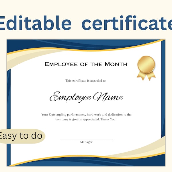 Employee of the month certificate template, employee of the month, employee  appreciation certificate editable, employee certificate