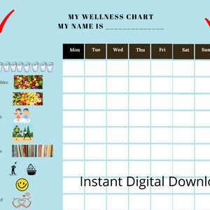 Kids Wellness checklist, kids checklist with pictures, kids healthy checklist, children's daily checklist