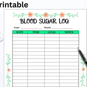 Blood sugar log, blood sugar tracker, blood sugar chart, blood sugar chart printable,  journal printable, glucose log, diabetic tracker