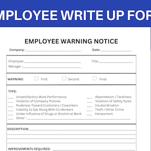 Employee write up form, disciplinary form, employee warning, employee written warning, employee performance form, HR form, disciplinary