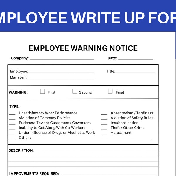 Employee write up form, disciplinary form, employee warning, employee written warning, employee performance form, HR form, disciplinary