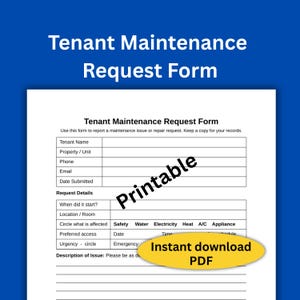 Tenant maintenance request form, rental repair request, maintenance request template for tenant, landlord or property managers