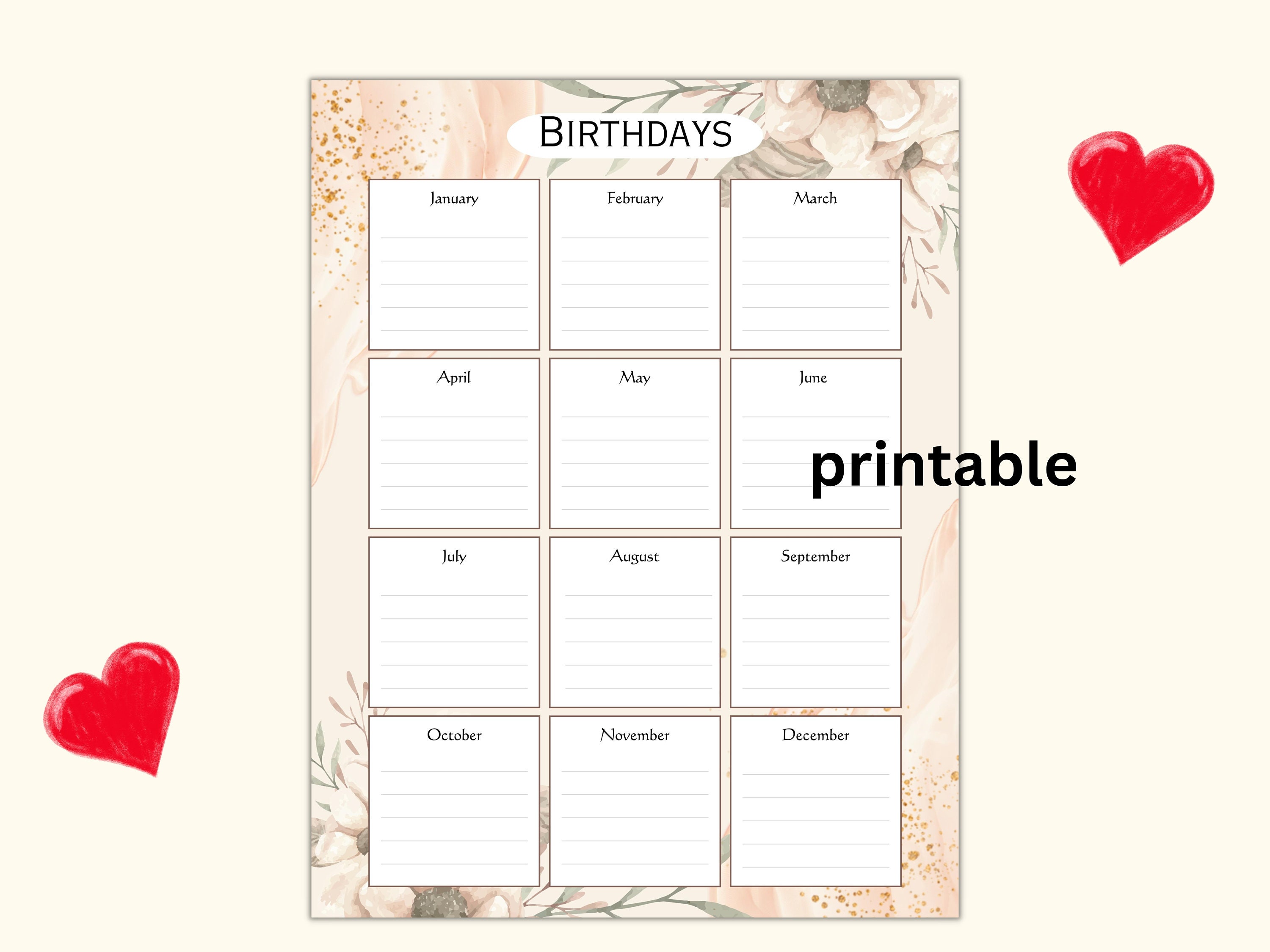 Birthday Chart, Birthday List, Birthday Calendar, Birthday Printable