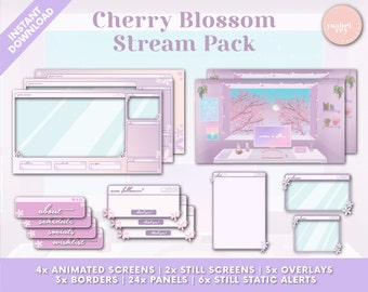 Cherry Blossom Sakura Stream Pack - Animated Screens, Overlays, Panels, Animated Static Alerts, Camera Borders