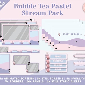 Bubble Tea Pastel Twitch Pack - Schermi animati, sovrapposizioni, pannelli, avvisi statici, bordi della fotocamera