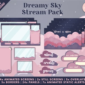 Dreamy Sky Twitch Stream Pack - Animated Screens, Overlays, Panels, Animated Static Alerts, Camera Borders