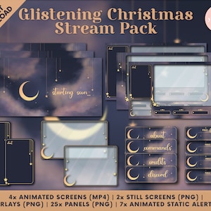 Glistening Starry/Snowy Christmas Twitch Stream Pack - Animated Screens, Overlays, Panels, Animated Static Alerts, Webcam Overlays