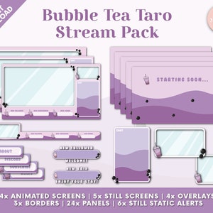 Bubble Tea Taro Twitch Pack - Pantallas animadas, superposiciones, paneles, alertas estáticas, bordes de cámara