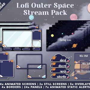 Lofi Outer Space Twitch Stream Pack - Animated Screens, Overlays, Panels, Animated Static Alerts, Camera Borders