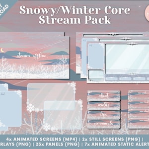 Snowy/Winter/Christmas Core Twitch Stream Pack - Pantallas animadas, superposiciones, paneles, alertas estáticas animadas, superposiciones de cámara web