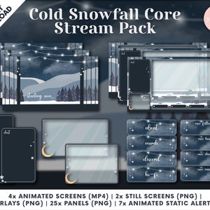 Cold/Snowfall/Winter Core Christmas Twitch Stream Pack - Pantallas animadas, superposiciones, paneles, alertas estáticas animadas, superposiciones de cámara web