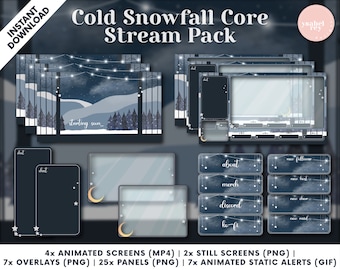 Cold/Snowfall/Winter Core Christmas Twitch Stream Pack - Animated Screens, Overlays, Panels, Animated Static Alerts, Webcam Overlays