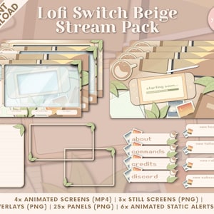 Lofi Switch Beige Twitch Stream Pack - Animated Screens, Overlays, Panels, Animated Static Alerts, Webcam Overlays