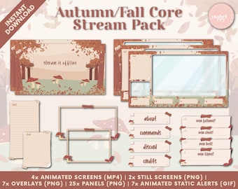 Autumn/Fall/Mushroom Core Twitch Stream Pack - Animated Screens, Overlays, Panels, Animated Static Alerts, Webcam Overlays