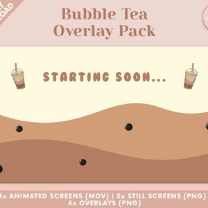 May include: A digital overlay pack for streaming featuring a bubble tea theme. The pack includes animated screens, still screens, and overlays. The text "STARTING SOON..." is displayed on a light yellow background with two bubble tea cups on either side. The background is a gradient of brown and beige with black boba pearls.