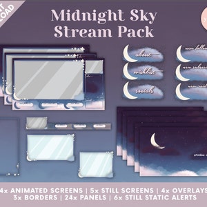 Midnight Sky Twitch Pack - Animated Screens, Overlays, Panels, Static Alerts, Camera Borders