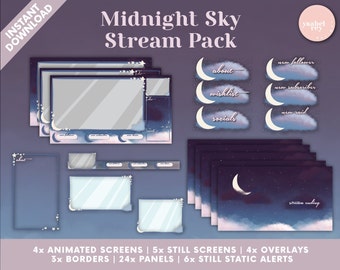 Midnight Sky Twitch Pack - Animated Screens, Overlays, Panels, Static Alerts, Camera Borders