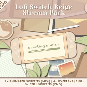 May include: A beige and white Nintendo Switch console with a loading screen that says "starting soon..." on the screen. The console is surrounded by various objects, including a cup of coffee, a notebook, a pen, and some plants. The image is in a cartoon style.