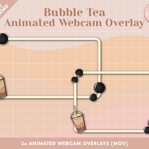 Puede incluir: Dos superposiciones de webcam animadas que presentan un té de burbujas marrón con perlas de tapioca y una pajita. Las superposiciones están en un marco cuadrado con perlas de boba negras que se mueven alrededor del marco. El texto "Bubble Tea Animated Webcam Overlay" y "2x ANIMATED WEBCAM OVERLAYS (MOV)" están en la parte superior de la imagen.